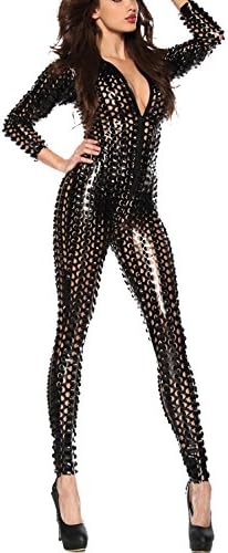 LHS Charmer One-Piece Scaly Jumpsuit Punk Metallic 3D Hollow Up Catsuit Plus Size Metallic Skinny Stretch Bodysuit