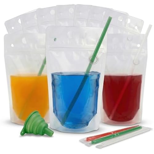 200PCS Drink Pouches with Side Straw Port, 17oz Drink Bags with Straws
