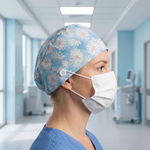 Ziyonix 4 Stück Op Haube mit Knöpfen, Baumwolle Krankenschwester mit Schweißband, Bandana Arbeitskappen Verstellbare Chirurgische Hut für Frauen und Männer (B)