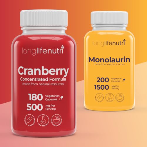 LongLifeNutri Cranberry Extract 500 mg & Monolaurin 1500 mg Bundle - 180 & 200 Veg Capsules, 6 Month Supply, Urinary, Immune & Digestive Support, Non-GMO, Gluten Free, Made in USA
