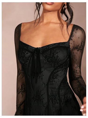 SOLY HUX Women's Lace Mesh Flare Long Sleeve Mini Dress Ruffle Flowy Party Cocktail Dresses4