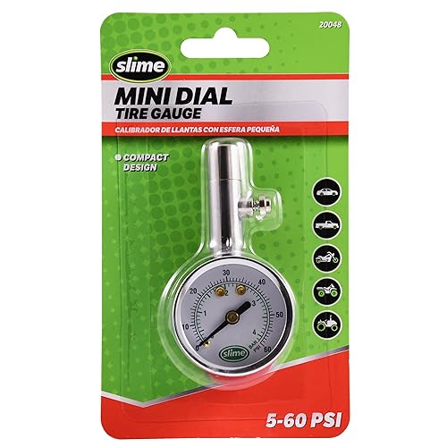 Slime 20048 Dial Gauge, Analogue, Mini, 5-60 psi with Bleeder Valve