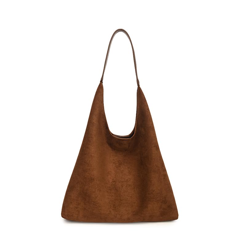 Faux Suede All-Match Shoulder Bag Trendy Tote Commute Handbag with Purse (Brown)