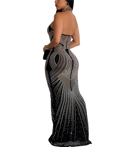 Image of PORRCEY Women's Sexy Hot Drilling Craft Dress Bodycon Party Club Night Out Mesh See Through Maxi Dress(6811,Black,XXL), XX-Large