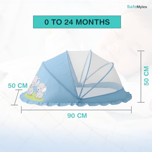Image of SafeMyles Foldable Baby Mosquito Net,for Bed,Cradle & Mattress|Bottomless & Washable Baby Sleeping Net|Easy to Fold & Carry|Newborns & Infants(0-2 Year)L-90 x W-50 x H-50 cm-Baby Blue Elephant Design