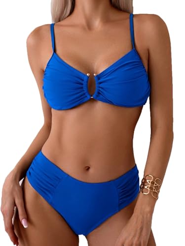 Fanuerg Conjunto de Bikini Fruncido para Mujer, Traje de baño de Dos Piezas con Alambre en U, Cintura Media, Traje de baño 2025, Azul Real, M