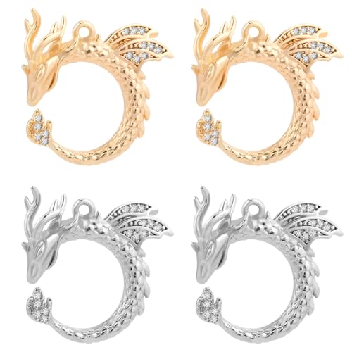 Beebeecraft 1 Box 4Pcs Flying Dragon Charm 18K Gold & Platinum Plated Brass Pendant Charms Round Dangle Cubic Zirconia Vintage Dragon Totem Charms for Jewelry Making Necklace Bracelet Supplies DIY