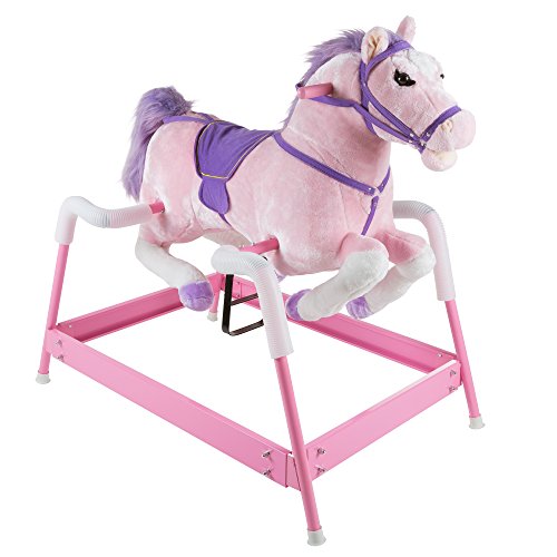 Spring Rocking Horse - Plush Bouncy Ride-On Toy with Fun Sounds, Wood Handles, and Adjustable Stirrups for Kids Ages 3 to 6 by Happy Trails (Pink) by Happy Tails - Used condition - US$110.69
