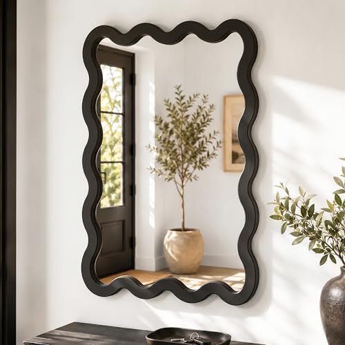 Pocetry 22"x30" Matte Black Wavy Wall Mirror for Powder Room