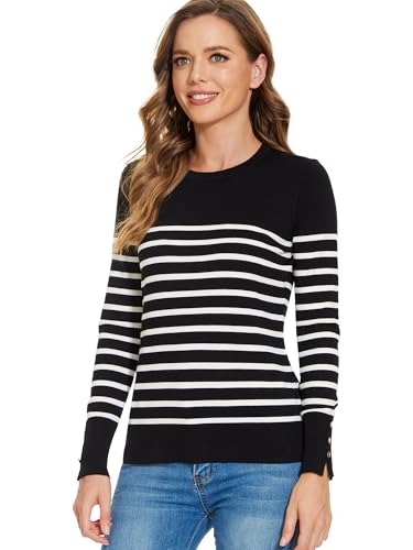 Image of Sweaters for Women Striped Crew Neck Pullover Sweater Lightweight Long Sleeve Fall Knit Tops