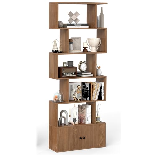 Image of SFAREST 5/6-Tier Bookcase, Wooden S-Shaped Storage Bookshelf, Freestanding Shelving Display Organizer Unit for Living Room, Study and Office (With Cabinet, Natural)