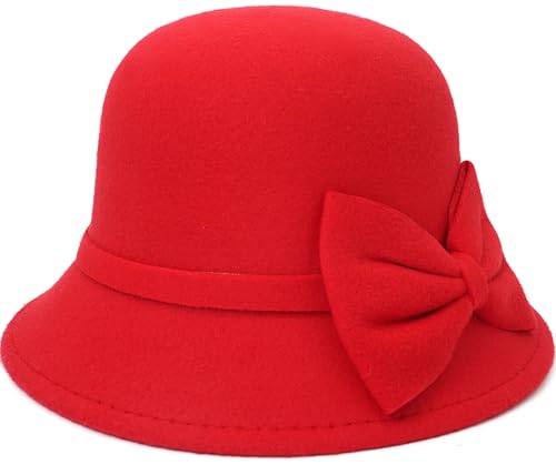 YeeHeen Filz-Glockenhut, Vintage-Fedora-Eimerhut, Bowler-Hüte für Damen, rot, Einheitsgröße