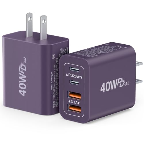 Image of [2Pack] 40W USB C Plug,4-Port Fast Charger Block PD+QC 4 Port Charger Cube Wall Charging Box Brick for Samsung Galaxy S22 /S21+ /S21 Ultra,Magsafe Wireless Charger,iPhone 16 /16 Pro Max /15 /14 /13(Purple)