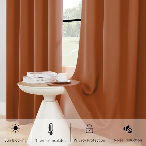 Image of HUTO Short Kitchen Blackout Curtains Drapes - Thermal Insulated Antique Copper Grommet Black Out Drapery Panels for Basement Bathroom Small Windows, Set of 2, 42 Inch by 45 Inch, Rust