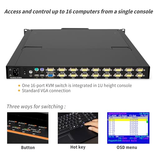 Image of 1U Rack Mount KVM Console Built-in 16 Port VGA KVM Switch, 19 inch Rackmount Monitor, Keyboard and Touchpad,OSD /Hotkey /Button Switching,1280X1024@60Hz, 5:4 Aspect Ratio,Incl. VGA KVM Cables, Fits 19 inch Rack