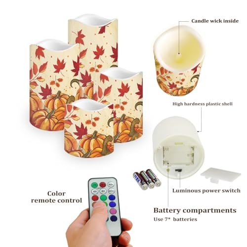 Image of Fall Maple Leaf Pumpkin Flickering Flameless Candles with Remote LED Pillar Candles Battery Operated with Timer Color Changing Electric Candles for Thanksgiving Day Home Kitchen Decor