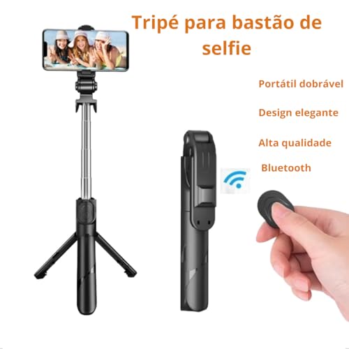 Bastão Pau de Selfie Portátil com Tripé Integrado e Controle Remoto Bluetooth Sem Fio Suporte Ajustá