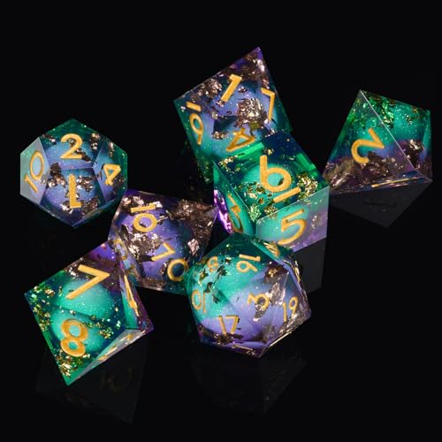Image of ORUZA 7 PCS Polyhedral Liquid Core DND Dice, Resin Sharp Edge Quicksand D&D Dice Set for Dungeons and Dragons RPG MTG Role Playing Game Dice D20 D12 D10 D8 D6 D4 D%