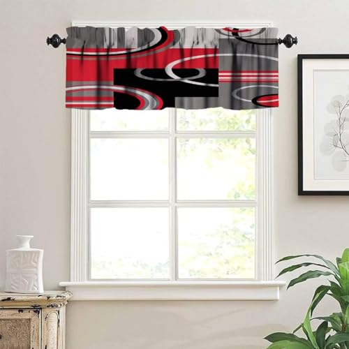 Image of Red Black Gray Geometric Window Valance Curtain, Mordern Red Abstract Stripe Retro Circle Swirls Window Treatment Valances for Kitchen Living Room Cafe Decor 54'x18', 1 Panel
