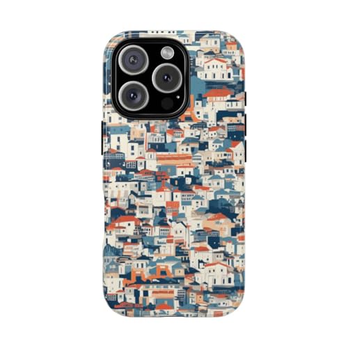 Coque rigide brillante iPhone 16 Pro motif maisons urbaines denses bleu