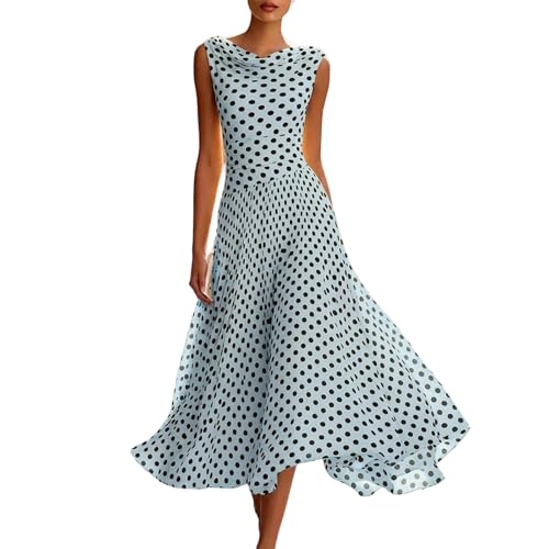 Robe longue femme col drapé style rétro avec jupe évasée à motif pois