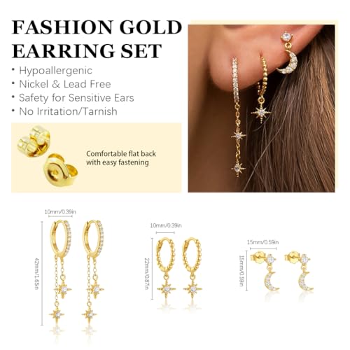 Image of SANNIDHI 3 Pairs Earrings Set for Women Stud Hoop Earrings Moon Star Earrings Combo for Multiple Piercing