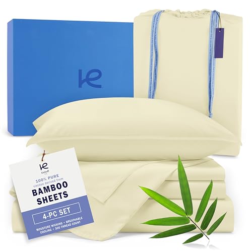 Kickoff Viscose Bamboo Sheets Queen Size 4-pc 100% Organic Bamboo Viscose Bed Cooling Sheets Queen Size Set Cool Bedding for hot Sleepers Sheet Set - Gift Ready Packaging (Cream, Q)