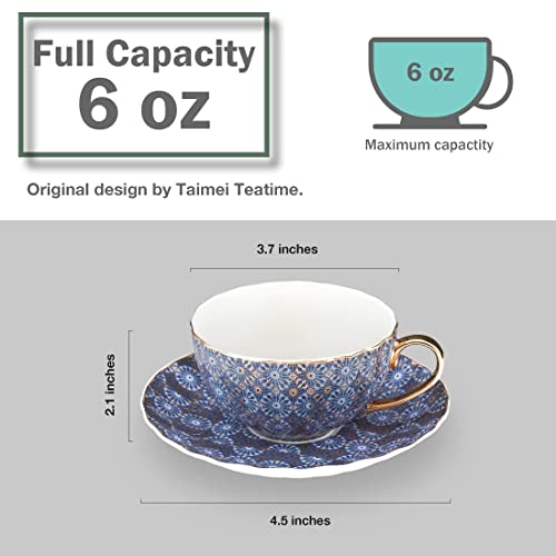 Taimei Teatime Porcelain Tea Cup And Saucer Set Of 2, 6 Oz Coffee Cup And Saucer With Exotic Moroccan Style Pattern, Tea Cups Set Gift For Tea Lovers (Blue) #TOP1