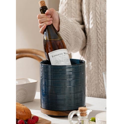 Image of Utensil Holder, 360 Rotating Extra Large Ceramic Kitchen Utensil Holder for Countertop, 7.3 inch Cooking Utensil Crocks for Kitchen Counter with Rotatable Wooden Base, Farmhouse Decor, Dusty Blue
