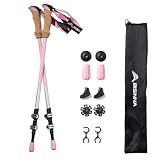BISINNA Lot de 2 bâtons de randonnée, télescopiques, 135 cm, en carbone, poignée en liège, unisexes, pour adultes, randonnée, marche nordique, randonnée à ski (rose)