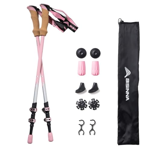 BISINNA Wanderstöcke, 135cm Teleskop Trekkingstöcke aus Aluminium, Korkgriff, 2 Stück, Unisex für Erwachsene, Wandern Nordic Walking Skitouren (Rosa)