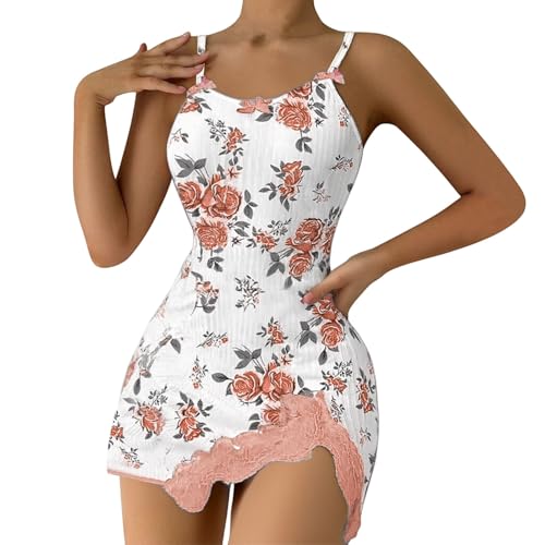 YRxUIAI - Camisón de encaje con cuello en V para mujer, sin mangas, corto, ropa de dormir suave y cómoda, camisón, naranja, XXL
