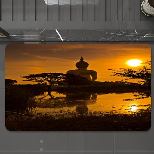 EMCLKS Tapis de Bain Antiderapant, Tapis Salle de Bain en Microfibre Douce, Tapis de Bain Absorbant, Lavable,Statue du Grand Bouddha au Coucher du Soleil en...