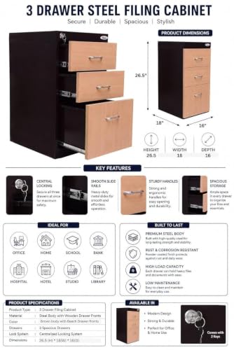 Image of Amazon Brand - Solimo 3 Drawer Steel Pedestal Cabinet | Lockable Powder Coated Filing Cabinet for Files, Documents & Stationery | Office Storage Unit (Brown, Pedestal with Levellers)