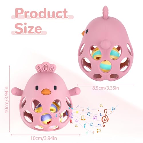 Image of Baby Teething Chick Toy, Upgraded Easy Grasp Silicone Teething Rattle Ball Toy for Babies Over 3 Months, 100% Food Grade, Gift for Infant Boys and Girls 0-6-12 Months (Dark Pink)
