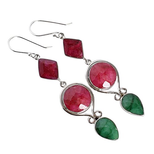 Boucles d'oreilles pendantes argent 925 rubis émeraude 11mm pour femme