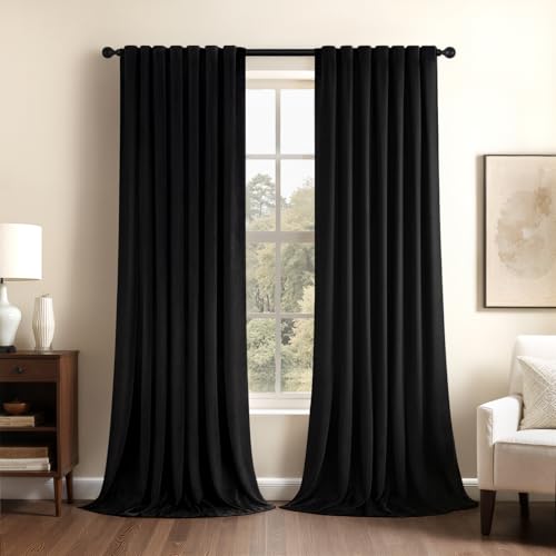 Topfinel Extra Long Black Velvet Blackout Curtains 108 Inches Long for Living Room Bedroom/Large Window Rod Pocket Light Blocking Noise Cancelling Heavy Tall Floor Length Track Curtains 2 Panels 9 FT by Topfinel - Used condition - US$34.53