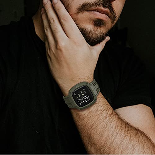 Gelishi Compatible For Fitbit Versa 2 Bands With Case, Men Protective Case Band Rugged Sport Wristbands Strap For Fitbit Versa 2 Smartwatch - Army Green #TOP4