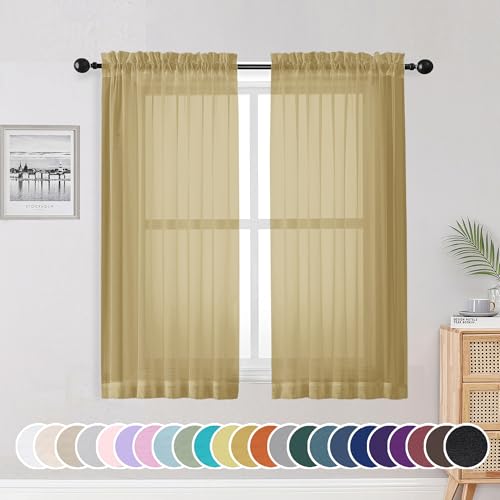 Image of OWENIE Sheer Curtains 54 Inch Length 2 Panels Set, Gold Sheer Curtain for Living Room, Clear Short Curtains for Small Window, 2 Pcs 84 Width 54 Long, Gold