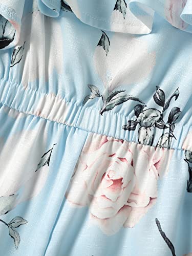 Makemechic Girl's Cold Shoulder Ruffle Trim Wide Leg Belted Jumpsuit Pants Romper Light Blue 150 #TOP4