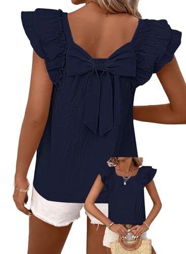 Image of Falechay Womens Bow Tie Back Tops Round Neck Ruffle Short Sleeve Shirts Cute Babydoll Chiffon Tee Women Summer Trendy Tunic