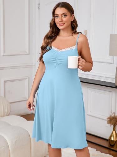 AusLook Plus Size Women's Nightgown Light Blue 3X Spaghetti Strap Sleepwear Soft Sleeveless Lace V Neck Cami Sleep Dress — view 4