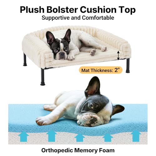 Veehoo Hundeliege Hundesofa für Kleine Hunde, Flauschige Erhöhtes Hundebett mit Abnehmbarem Polster und Orthopädische Matratze, Hunde Sofa Katzensofa mit rutschfeste Füße, Elfenbeinweiß 60x45x10cm