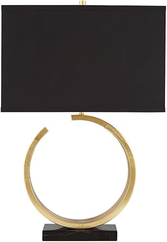 Miniatura 2 de Pacific Coast Lighting  Lámpara de mesa Riley 055R0  Hoja de oro metálica circular grande  Pantalla rectangular negra doble  Base de mármol negro
