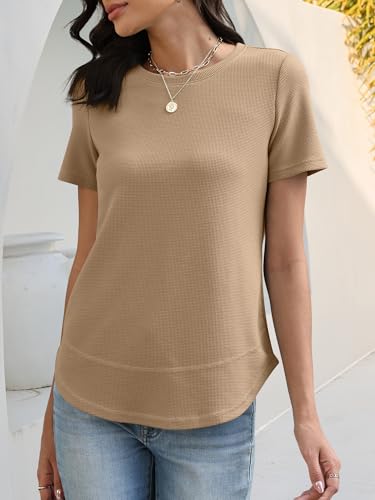 Image of ANRABESS Womens Waffle Knit Tops Short Sleeve Crewneck Shirts Curved Hem Summer Dressy Casual Blouses Spring Fashion Clothing