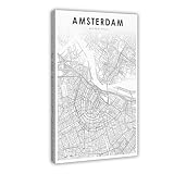 QOGDAF Póster de mapa del centro de Ámsterdam de los Países Bajos, lienzo decorativo para pared, cuadros para decoración de sala de estar, dormitorio, 20 x 30 cm