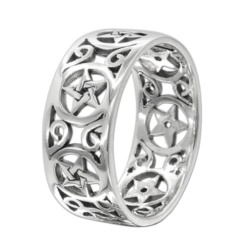 Moonlight Mysteries Pentagram Band Ring - 925 Sterling Silver Wide Men's and Women's Wiccan Pentacle Ring (Sizes 4-15)