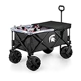 PICNIC TIME NCAA Michigan State Spartans Adventure Wagon Elite All-Terrain Folding Beach Wagon with Big Wheels Plus Table Top Lid & Soft Cooler Liner, Collapsible Utility Wagon, (Dark Gray)