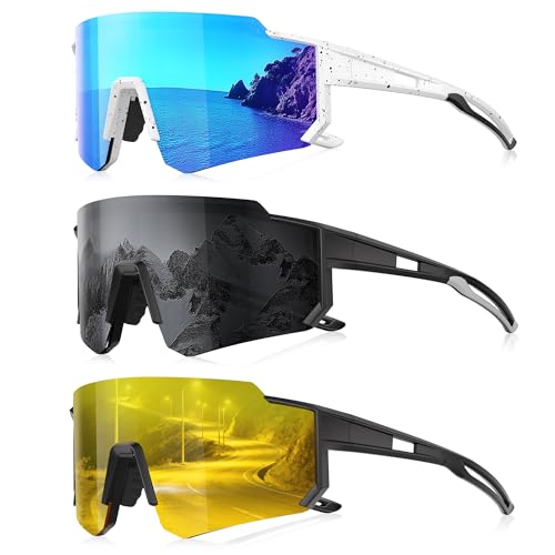 3 Pack Polarized Sunglasses for Men Women, Sports Mens Sunglasses with UV Protection for Baseball Cycling Running B03-ice Blue/Gray/Yellow