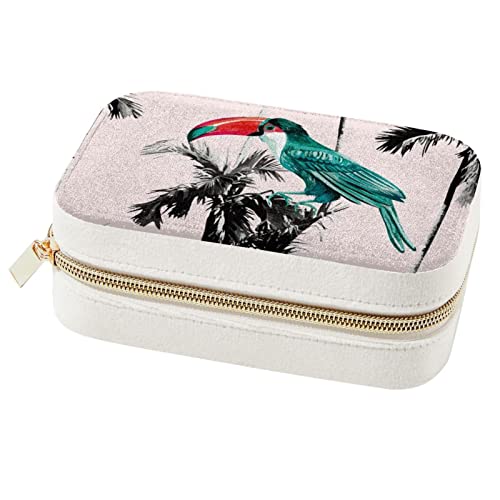 Diusye Joyero de terciopelo para mujer y niña, organizador de joyas de viaje, estuche de almacenamiento con bandeja extraíble - Loro verde en palmeras de plátano blanco negro